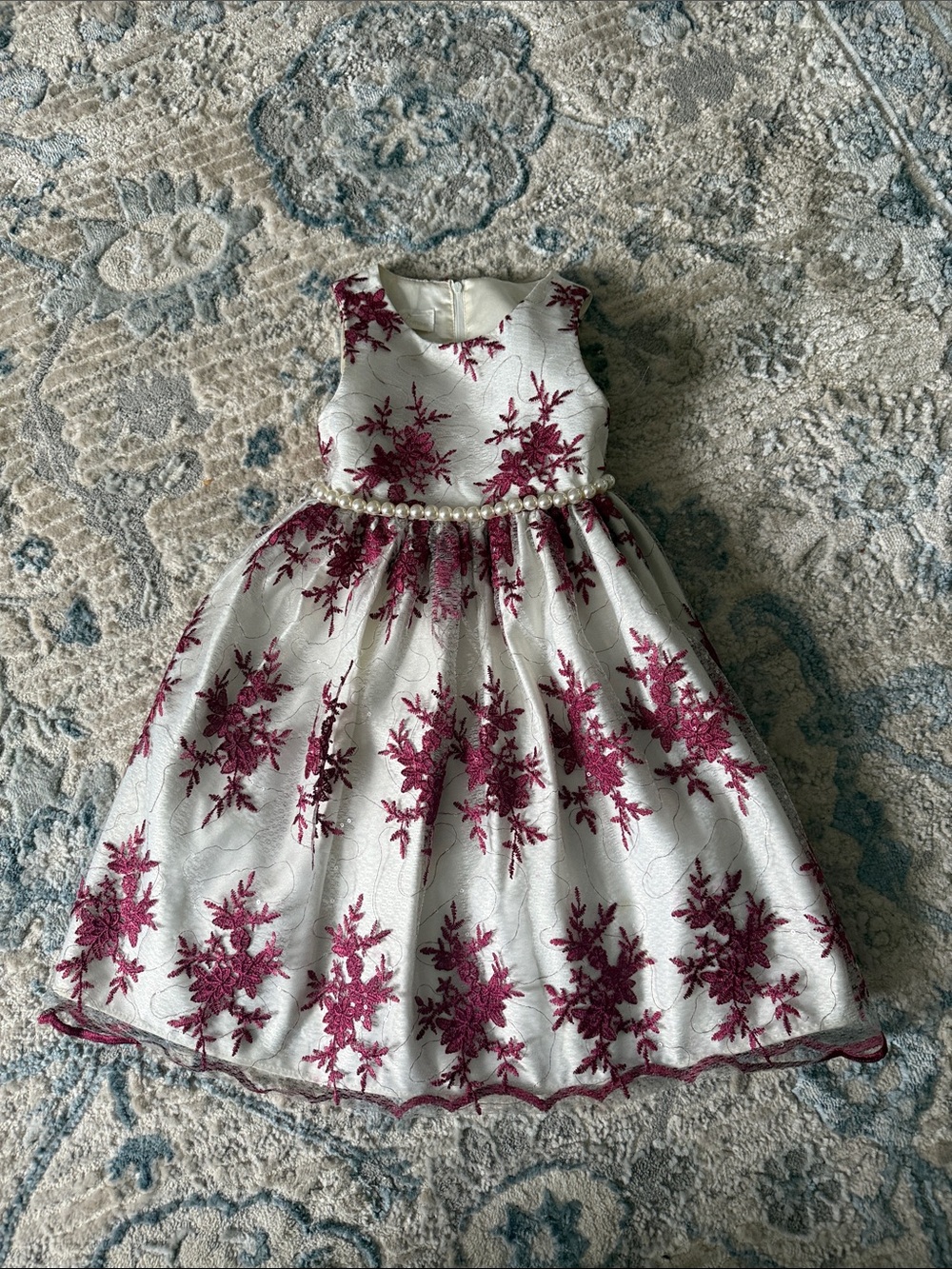 American Princess White and Burgundy Floral Pearl Waist Party Dress
